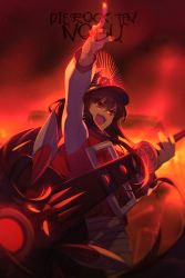 Rule 34 | 1girl, black hair, black hat, breasts, buster shirt, echo (circa), electric guitar, family crest, fate/grand order, fate (series), guitar, hat, headphones, headphones around neck, instrument, jacket, letterman jacket, long hair, long sleeves, looking at viewer, miniskirt, oda nobunaga (fate), oda nobunaga (koha-ace), oda nobunaga (swimsuit berserker) (fate), oda nobunaga (swimsuit berserker) (first ascension) (fate), oda uri, open clothes, open jacket, open mouth, peaked cap, pointing, pointing up, red eyes, red shirt, shirt, skirt, small breasts, smile, solo, striped clothes, striped skirt, white skirt