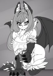 Rule 34 | 1girl, 2018, animal ears, animal hands, blush, claws, cup, drink, elakan, fur, greyscale, highres, looking at viewer, manticore (monster girl encyclopedia), monochrome, monster girl, monster girl encyclopedia, shirt, simple background, slit pupils, smile, tail, wings
