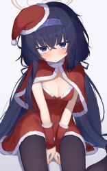 Rule 34 | 1girl, absurdres, black hair, black pantyhose, blue archive, blue eyes, blue hairband, blush, breasts, capelet, cleavage, closed mouth, dress, feet out of frame, hair between eyes, hairband, halo, hat, highres, long hair, looking at viewer, pantyhose, red capelet, red dress, red headwear, santa capelet, santa dress, santa hat, small breasts, solo, ui (blue archive), waon (43ctw)