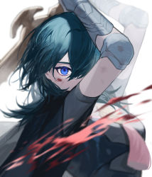 Rule 34 | 1girl, armor, black coat, blood, blood on face, blue eyes, blue hair, breasts, byleth (female) (fire emblem), byleth (fire emblem), coat, fire emblem, fire emblem: three houses, hair between eyes, highres, holding, holding sword, holding weapon, itou (very ito), large breasts, long sleeves, looking at viewer, medium hair, nintendo, solo, standing, sword, sword of the creator, weapon