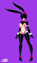 Rule 34 | 1girl, animal ears, bow, bowtie, breasts, fake animal ears, full body, heart pasties, large breasts, mabius, meme attire, navel, original, pasties, pixel art, purple background, rabbit ears, reverse bunnysuit, reverse outfit, simple background, smile, solo, standing