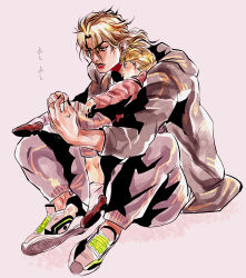 Rule 34 | 2boys, aged down, alternate costume, applying bandages, blonde hair, child, dio brando, father and son, giorno giovanna, headband, highres, hood, hoodie, jojo no kimyou na bouken, jonya, lipstick, long hair, makeup, male focus, mullet, multiple boys, red eyes, shoes, sneakers, stardust crusaders, time paradox