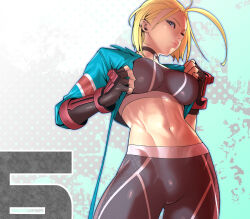Rule 34 | black choker, blonde hair, blue eyes, blue jacket, breasts, cammy white, choker, cropped jacket, cropped legs, fingerless gloves, gloves, jacket, looking at viewer, medium breasts, navel, pants, short hair, sports bra, street fighter, street fighter 6, tight clothes, tight pants, tomoyuki kotani, toned