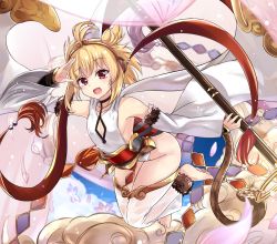 Rule 34 | 10s, 1girl, :d, andira (granblue fantasy), animal ears, barefoot, blonde hair, breasts, choker, cleavage cutout, clothing cutout, detached sleeves, erune, feet, granblue fantasy, highres, kazami chiu, looking at viewer, monkey ears, monkey tail, open mouth, red eyes, salute, short hair, sideboob, small breasts, smile, solo, staff, tail, thighhighs