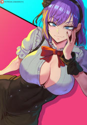 Rule 34 | 1girl, blue eyes, breasts, cleavage, commentary, covered navel, dagashi kashi, covered erect nipples, highres, large breasts, light smile, long hair, looking at viewer, nail polish, purple hair, shexyo, shidare hotaru, smile, solo