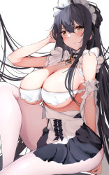 Rule 34 | 1girl, areola slip, azur lane, bare shoulders, black hair, blush, breasts, cleavage, green eyes, highres, indomitable (azur lane), indomitable (ms. motivationless maid) (azur lane), itete, large breasts, long hair, looking at viewer, maid headdress, official alternate costume, pantyhose, solo, thighs, underboob, very long hair, white pantyhose