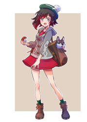 Rule 34 | 1girl, absurdres, backpack, bag, black hair, boots, brown footwear, cardigan, commentary request, creatures (company), full body, game freak, gloria (pokemon), gradient hair, green hat, grey eyes, hat, highres, holding, holding poke ball, iesupa, long sleeves, looking at viewer, miniskirt, multicolored hair, nintendo, poke ball, poke ball (basic), pokemon, pokemon swsh, red hair, red skirt, ruby rose, rwby, short hair, skirt, socks, solo, tam o&#039; shanter, two-tone hair, welsh corgi, zwei (rwby)