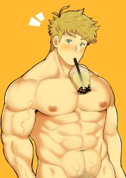 Rule 34 | 1boy, absurdres, bara, between pectorals, blonde hair, blush, bubble tea challenge, completely nude, cropped legs, fujimachine (clayten), granblue fantasy, green eyes, highres, large pectorals, looking at viewer, male focus, muscular, nude, object on pectorals, pectorals, smile, solo, toned, toned male, upper body, vane (granblue fantasy)