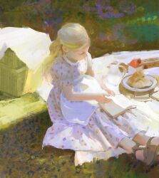 Rule 34 | 1girl, blonde hair, book, child, closed eyes, closed mouth, commentary, dappled sunlight, dress, english commentary, faux traditional media, flower, food, grass, highres, holding, long hair, open book, original, outdoors, picnic, pitcher (container), plate, polka dot, print dress, puffy short sleeves, puffy sleeves, realistic, short sleeves, sitting, solo, sunlight, teapot, white dress, yuming li