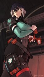 Rule 34 | 1girl, android, belt, black hair, breasts, commentary, commission, cosplay, covered abs, covered erect nipples, english commentary, finger on trigger, gloves, gun, highres, holding, holding gun, holding weapon, lazy ikeda, loose belt, medic, medium breasts, metal skin, multicolored hair, pouch, robot girl, science fiction, short hair, signalis, solo, syringe gun, taut clothes, thigh pouch, two-tone hair, weapon, white gloves, white hair