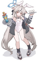 Rule 34 | 1girl, absurdres, alternate costume, animal ears, blue archive, blush, bottle, breasts, cleavage, collarbone, fake animal ears, full body, grey hair, hair between eyes, hair ornament, halo, highres, jacket, kokona (blue archive), leotard, long hair, looking at viewer, open mouth, playboy bunny, ripnte, shoes, simple background, small breasts, solo, standing, tears, tray, twitter, white background, white leotard, yellow eyes