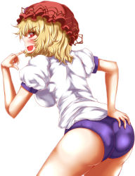 Rule 34 | 1girl, aki minoriko, alternate costume, ass, bent over, blonde hair, blush, breasts, buruma, gym uniform, hand on own ass, hat, highres, large breasts, looking at viewer, looking back, open mouth, pointing, pointing at self, puffy sleeves, purple buruma, red eyes, shirt, short sleeves, simple background, smile, solo, touhou, white background, zan (harukahime)