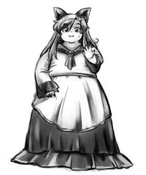 Rule 34 | 1girl, :d, animal ears, brooch, double chin, dress, fat, greyscale, highres, imaizumi kagerou, jewelry, long dress, long hair, long sleeves, looking at viewer, monochrome, nazotyu, open mouth, sketch, smile, solo, sweat, touhou, very long hair, wolf ears