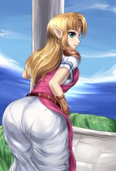 Rule 34 | 1girl, ass, blonde hair, blue eyes, breasts, dress, from behind, highres, leonart, long hair, looking at viewer, nintendo, pantylines, parted lips, pointy ears, princess zelda, shiny skin, sideboob, skirt, smile, solo, super smash bros., the legend of zelda, triforce