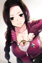 Rule 34 | 1girl, ayakashi triangle, black hair, braid, braided ponytail, breasts, cleaned, cleavage, commentary, derivative work, english commentary, gradient background, happy, highres, kazamaki matoi, large breasts, long hair, looking at viewer, momocchi18, official art, ponytail, red eyes, smile, solo, sportswear, standing, whistle, yabuki kentarou