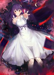 Rule 34 | 1girl, akamizuki (akmzk), blush, collarbone, dress, fate/stay night, fate (series), from above, hair between eyes, hair ribbon, long dress, long hair, looking at viewer, lying, matou sakura, official alternate costume, on back, outstretched arms, parted lips, purple hair, purple ribbon, reaching, reaching towards viewer, red ribbon, rei no himo, ribbon, short sleeves, solo, sundress, white dress