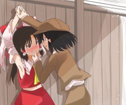 Rule 34 | 2girls, against wall, armpits, arms up, assertive female, black eyes, black hair, blush, bow, brown headwear, brown jacket, cabbie hat, clenched teeth, commentary request, detached sleeves, eye contact, face-to-face, forbidden scrollery, grabbing another&#039;s chin, hair bow, hair tubes, hakurei reimu, hand on another&#039;s chin, hat, highres, holding another&#039;s wrist, holding hands, jacket, kabedon, long hair, looking at another, midriff, multiple girls, pointy ears, restrained, ribbon-trimmed sleeves, ribbon trim, shameimaru aya, shameimaru aya (newsboy), suit jacket, sweat, teeth, touhou, yakousei no kame, yuri