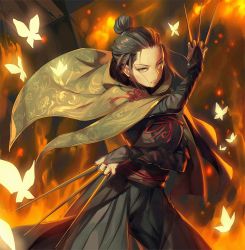 Rule 34 | 1girl, black hair, bridal gauntlets, brown eyes, bug, butterfly, cloak, dual wielding, embers, fighting stance, fire, from software, glowing, hair bun, hair slicked back, holding, insect, japanese clothes, kunai, lady butterfly, looking at viewer, mhk (mechamania), ribbon, sekiro: shadows die twice, serious, single hair bun, solo, v-shaped eyebrows, weapon, aged down