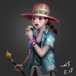 Rule 34 | 1girl, brush, gradient background, hat, hawaiian shirt, lt, miss goldenweek, one piece, paintbrush, shirt, solo