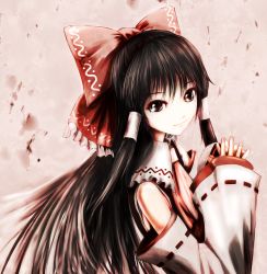 Rule 34 | 1girl, ascot, bad id, bad pixiv id, black hair, bow, brown eyes, detached sleeves, eyelashes, fuonon, hair bow, hair tubes, hakurei reimu, highres, light smile, long hair, looking at viewer, pink background, sidelocks, sleeves past wrists, solo, steepled fingers, touhou