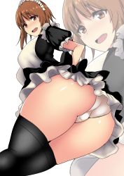 Rule 34 | 10s, alternate costume, apron, ass, black dress, black legwear, brown eyes, brown hair, crotch seam, dress, enmaided, from behind, from below, frown, girls und panzer, hand on own hip, hifumi hajime, looking at viewer, looking back, maid, maid apron, maid headdress, nishizumi miho, open mouth, panties, petticoat, puffy short sleeves, puffy sleeves, short dress, short hair, short sleeves, standing, thighhighs, thighs, trefoil, underwear, upskirt, white panties, wide hips, zoom layer