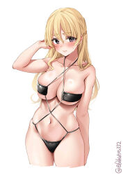 Rule 34 | 1girl, areola slip, arm at side, arm up, bare shoulders, black one-piece swimsuit, blonde hair, blush, braid, breasts, closed mouth, collarbone, cropped legs, ebifurya, hair between eyes, highres, kantai collection, large breasts, long hair, looking at viewer, navel, one-hour drawing challenge, one-piece swimsuit, purple eyes, simple background, skindentation, solo, stomach, strap gap, sweat, swimsuit, thighs, twitter username, underboob, white background, zara (kancolle)