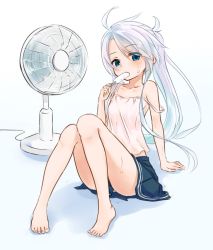 Rule 34 | 10s, 1girl, alternate hairstyle, arm support, azuuru (azure0608), bare legs, bare shoulders, barefoot, blue eyes, breasts, camisole, electric fan, food in mouth, hibiki (kancolle), kantai collection, leaning back, long hair, looking at viewer, mouth hold, pleated skirt, ponytail, popsicle, sidelocks, silver hair, sitting, skirt, small breasts, solo, strap slip, sweat, very long hair