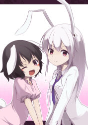 Rule 34 | 2girls, animal ears, black hair, blush, breasts, carrot, carrot necklace, checkered clothes, checkered necktie, checkered neckwear, collared shirt, cowboy shot, dress, dress shirt, extra ears, gradient background, hands together, inaba tewi, jewelry, letterboxed, long hair, long sleeves, looking at viewer, loose necktie, multiple girls, necklace, necktie, one eye closed, open mouth, pendant, pink background, pink dress, pleated skirt, polka dot, polka dot background, puffy short sleeves, puffy sleeves, purple eyes, purple hair, purple necktie, rabbit ears, rabbit girl, rabbit tail, red eyes, reisen udongein inaba, shirt, short hair, short sleeves, skirt, smile, tail, touhou, white background, white shirt, wink, yukihiko (sky sleep)