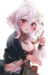 Rule 34 | 1girl, absurdres, antenna hair, asymmetrical clothes, bad id, bad pixiv id, blush, commentary request, detached sleeves, elf, flower, food, hair between eyes, hair flower, hair ornament, highres, holding, holding spoon, kokkoro (princess connect!), leaf, long sleeves, parted lips, pointy ears, pouch, princess connect!, red eyes, see-through, short hair, silver hair, single bare shoulder, smile, solo, spoon, steam, suru (ksoo420), upper body, white flower