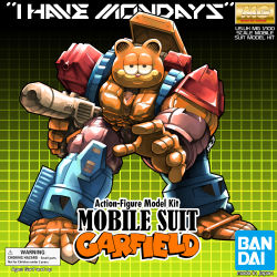 Rule 34 | absurdres, bandai, black eyes, box art, character name, chromonaut, commentary, english commentary, english text, fake box art, garfield, garfield (character), gundam, highres, logo, looking at viewer, mecha, mechanization, no humans, open hand, parody, photo-referenced, robot, science fiction, smile, solo