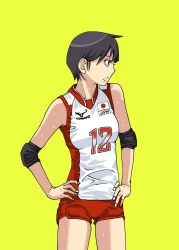 Rule 34 | 1girl, brown eyes, brown hair, elbow pads, hands on own hips, highres, original, profile, short hair, short shorts, shorts, simple background, skiplure, solo, sportswear, sweat, volleyball uniform, yellow background