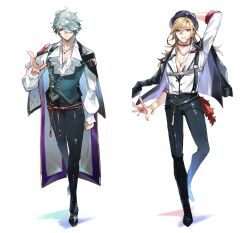 Rule 34 | 2boys, alhaitham (genshin impact), ankle boots, aqua vest, ariadne (ensemble stars!), beckoning, belt, black belt, black capelet, black choker, black footwear, black headwear, black jacket, black nails, black pants, blonde hair, boots, bracelet, cape, capelet, center frills, chest strap, choker, closed mouth, cosplay, earrings, ensemble stars!, expressionless, fedora, frills, full body, genshin impact, green eyes, grey hair, hair between eyes, hair over one eye, hand on headwear, hasumi keito, hasumi keito (cosplay), hat, highres, himeru (ensemble stars!), himeru (ensemble stars!) (cosplay), jacket, jacket on shoulders, jewelry, kaveh (genshin impact), lapels, long sleeves, looking at viewer, male focus, medium hair, multiple boys, nail polish, necklace, notched lapels, o-ring, pants, parted lips, plunging neckline, purple cape, raiseafuture, red eyes, ring, ring necklace, rope belt, shirt, shoes, short hair, simple background, sleeves past elbows, smile, standing, suspenders, undershirt, vest, white background, white shirt