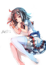 Rule 34 | 1girl, absurdres, black hair, blue hair, blue thighhighs, bracelet, dress, garter straps, grey horns, highres, horns, jewelry, kijin seija, looking at viewer, lying, multicolored hair, myero, on side, puffy sleeves, red eyes, red hair, red thighhighs, sash, short sleeves, signature, simple background, solo, streaked hair, thighhighs, touhou, white background, white dress, zettai ryouiki