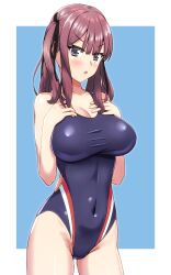 Rule 34 | 1girl, absurdres, black one-piece swimsuit, blunt bangs, breasts, brown hair, cleavage, competition swimsuit, covered navel, cowboy shot, hands on own chest, highres, large breasts, long hair, looking at viewer, mole, mole under eye, multicolored clothes, multicolored swimsuit, natsuki karin, one-piece swimsuit, purple eyes, solo, swimsuit, taurus (cor-tauri-0426), twintails, v-shaped eyebrows, voiceroid