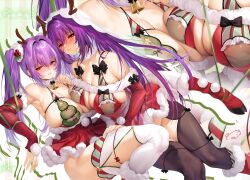 Rule 34 | 2girls, bare shoulders, blush, breasts, cleavage, closed mouth, commentary request, detached sleeves, fake antlers, fate/grand order, fate (series), large breasts, long hair, long sleeves, looking at viewer, multiple girls, obiwan, parted lips, purple hair, red eyes, red sleeves, scathach (fate), scathach skadi (fate), sideboob, smile, thighhighs, thighs, weisuoxin, white thighhighs