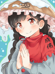 Rule 34 | 1girl, ajirogasa, black hair, blue background, blush, braid, buttons, capelet, clothes writing, dress, grey dress, hat, jizou, long hair, long sleeves, nagomian, own hands together, red capelet, red eyes, smile, snow, solo, touhou, twin braids, winter, winter clothes, yatadera narumi