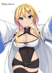Rule 34 | + +, 1girl, anchor choker, azur lane, black shorts, blonde hair, blue eyes, blush, breast tattoo, breasts, cleavage, coat, collarbone, commentary request, covered navel, cowboy shot, hair between eyes, hair ornament, hairclip, head tilt, highres, large breasts, leotard, leotard under clothes, long sleeves, looking at viewer, marblehead (azur lane), multicolored hair, navel piercing, ochinsama, open clothes, open coat, piercing, pink hair, short hair with long locks, short shorts, shorts, sidelocks, simple background, skindentation, smile, solo, sparkle, standing, tattoo, thighhighs, two-tone hair, white background, white coat