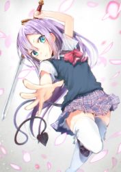 Rule 34 | 1girl, arm up, blue eyes, cherry blossoms, demon tail, fighting stance, grey background, hair between eyes, holding, holding sword, holding weapon, leg up, loafers, long hair, looking at viewer, miniskirt, motion blur, original, outstretched arm, palms, petals, plaid, plaid skirt, purple hair, school uniform, shirt, shoes, short sleeves, skirt, solo, sweater vest, sword, tail, thighhighs, umeboshitora, upskirt, weapon, white shirt, white thighhighs