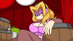 Rule 34 | 1girl, ape, arm rest, bad id, bad source, bad tumblr id, barrel, blonde hair, blue eyes, breasts, candy kong, cleavage, closed mouth, crankyconstruct, crop top, donkey kong (series), donkey kong 64, eyebrows, eyelashes, eyeshadow, frown, furry, furry female, hair intakes, half-closed eyes, hand up, head tilt, headphones, knee up, large breasts, long hair, looking at viewer, makeup, nintendo, nose, nostrils, pink shorts, pink tank top, purple eyeshadow, shorts, sitting, solo, tank top, tent