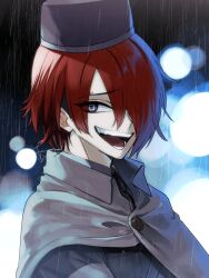Rule 34 | 1boy, absurdres, akaishi yashi, black headwear, black jacket, cape, collared shirt, evil smile, grey eyes, hair over one eye, highres, jacket, looking at viewer, male focus, master detective archives: rain code, open mouth, red hair, shirt, short hair, signature, smile, solo, symbol in eye, upper body, white cape, white shirt, yomi hellsmile