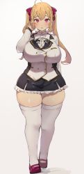 Rule 34 | 1girl, absurdres, ahoge, blonde hair, bow, bowtie, breasts, commentary request, full body, hair between eyes, highres, large breasts, long hair, long sleeves, looking at viewer, nijisanji, school uniform, shoes, skindentation, skirt, solo, standing, takamiya rion, thick thighs, thighhighs, thighs, twintails, virtual youtuber, wasabi sushi, zettai ryouiki