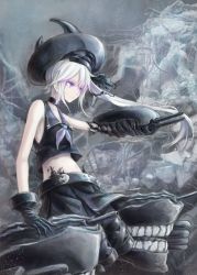 Rule 34 | 10s, 1girl, abyssal ship, apoidea, artist request, cannon, colored skin, destroyer princess, gloves, hat, highres, kantai collection, machinery, no legs, pale skin, purple eyes, side ponytail, silver hair, white skin