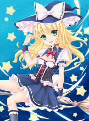 Rule 34 | 1girl, alternate costume, blonde hair, blush, bow, braid, broom, broom riding, fred0092, green eyes, hair bow, hat, highres, kirisame marisa, looking at viewer, night, night sky, open mouth, short hair, sitting, sky, smile, solo, star (sky), star (symbol), touhou, witch hat, wrist cuffs