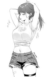 Rule 34 | 1girl, absurdres, armpits, arms up, blush, breasts, character request, copyright request, cowboy shot, crop top, cutoffs, greyscale, highres, medium breasts, midriff, monochrome, navel, parted lips, pinepin, ponytail, short shorts, shorts, simple background, solo, standing, stomach, thigh strap, thighs, white background