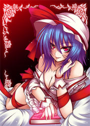 Rule 34 | 1girl, :p, bad id, bad pixiv id, bare shoulders, bed, blue hair, book, breasts, cleavage, fangs, female focus, hat, aged up, red eyes, remilia scarlet, ribbon, solo, suzuneko (yume no kyoukai), tongue, tongue out, touhou