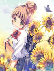 Rule 34 | 1girl, animal, backpack, bag, blurry, blurry background, blush, bow, brown eyes, brown hair, bug, butterfly, collared shirt, commentary request, depth of field, flower, grey skirt, hair bun, holding strap, insect, kuga tsukasa, licking lips, looking at viewer, looking to the side, original, parted lips, pleated skirt, red bow, shirt, short sleeves, sidelocks, single hair bun, skirt, solo, sunflower, tongue, tongue out, white shirt, yellow flower
