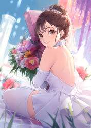 Rule 34 | 1girl, atelier (series), atelier ryza, atelier ryza 2, back, backless dress, backless outfit, bare shoulders, bouquet, bridal gauntlets, bridal veil, bride, brown eyes, brown hair, closed mouth, commentary, dress, earrings, eyeshadow, flower, from side, gift, hair bun, highres, holding, holding bouquet, holding gift, jewelry, looking at viewer, makeup, minato asuka, partially submerged, pink eyeshadow, reisalin stout, sitting, smile, solo, thighhighs, veil, water, wedding dress, white dress, white thighhighs