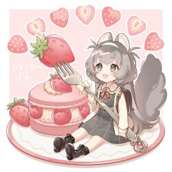 Rule 34 | 1girl, :d, animal ear fluff, animal ears, backpack, bag, black footwear, blush, boots, border, bow, brown dress, brown eyes, cake, cardigan, chibi, collared dress, commission, dress, food, fork, frills, fruit, full body, grey dress, grey eyes, grey hair, hairband, holding, holding fork, jacket, long hair, long sleeves, macaron, mini person, minigirl, neck ribbon, open cardigan, open clothes, open jacket, open mouth, original, outstretched legs, oversized object, pink background, plaid, plaid dress, plate, ribbon, shirt, shuu (syuuuuuuuuuu), signature, sitting, skeb commission, sleeveless, sleeveless dress, smile, solo, squirrel (jjjjmmn err), squirrel ears, squirrel girl, squirrel tail, strawberry, tail, very long hair, white border, white hairband, yellow cardigan