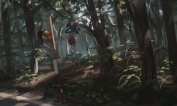 Rule 34 | 1girl, braid, branch, dappled sunlight, forest, hanging from tree, holding, holding rope, nature, noose, original, outdoors, road, rope, shorts, shorts under skirt, suicide, sunlight, tensen (dotted line), tree, twin braids, what
