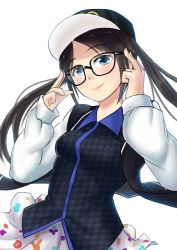 Rule 34 | 1girl, artist request, baseball cap, black hair, blue eyes, blush, cowboy shot, glasses, hat, idolmaster, idolmaster shiny colors, jacket, long hair, looking at viewer, mitsumine yuika, simple background, smile, solo, twintails, white background